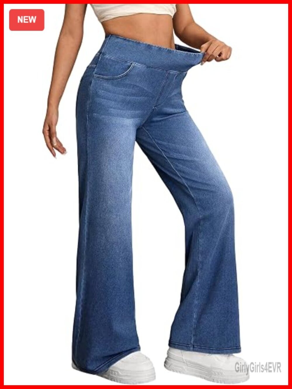 High Waisted Stretchy Wide Leg Pull On Jeans Casual Denim Pants